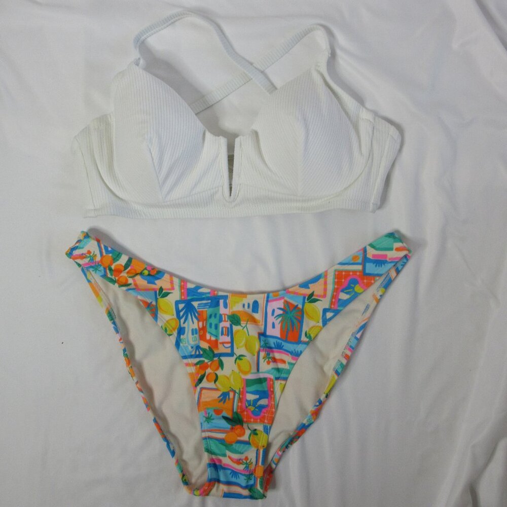 wild fable Shade & Shore Bikini 2 Piece Orange Blue Pink White Size XL 36DD NWT